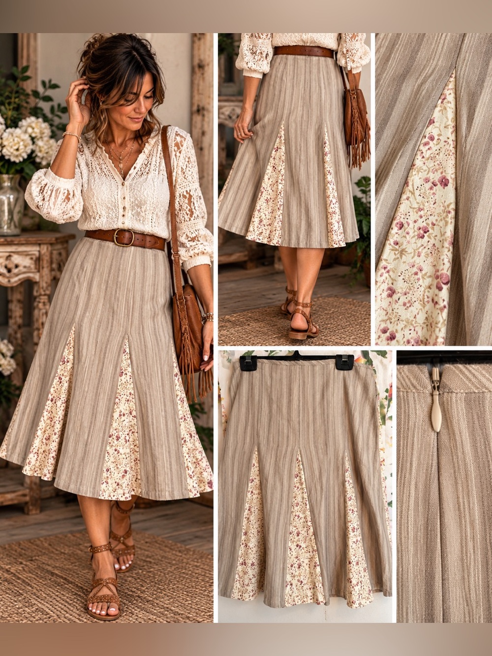Boho Cottagecore Striped Linen Midi Skirt Floral Godet Panels Size 10